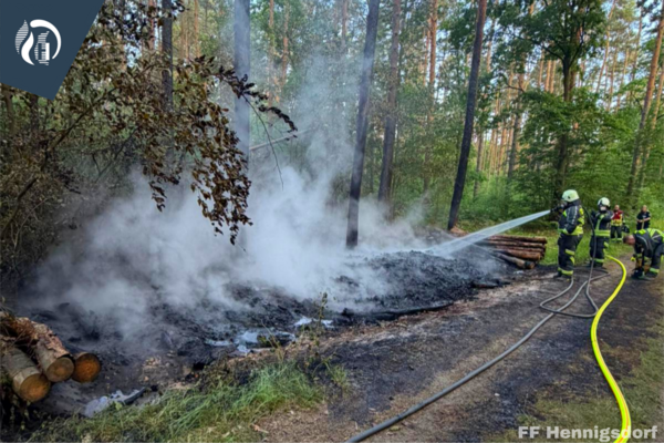 Bild vergr&ouml;&szlig;ern: Einsatzkräfte beim Ablöschen des Holzpolters beim Einsatz Waldbrand 1